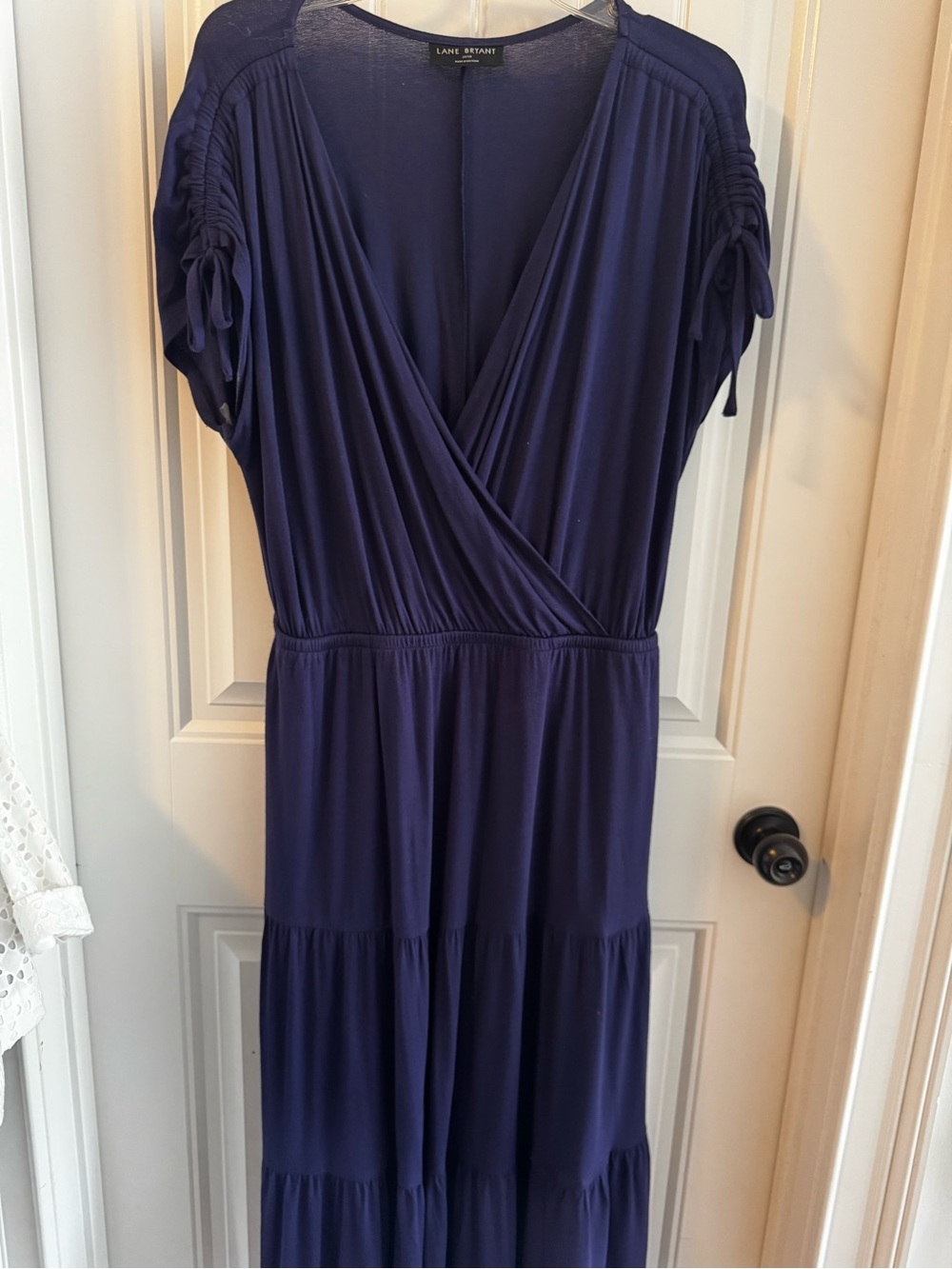 Lane Bryant Navy Blue Wrap Tiered Maxi Dress Ruched Sleeve 14/16